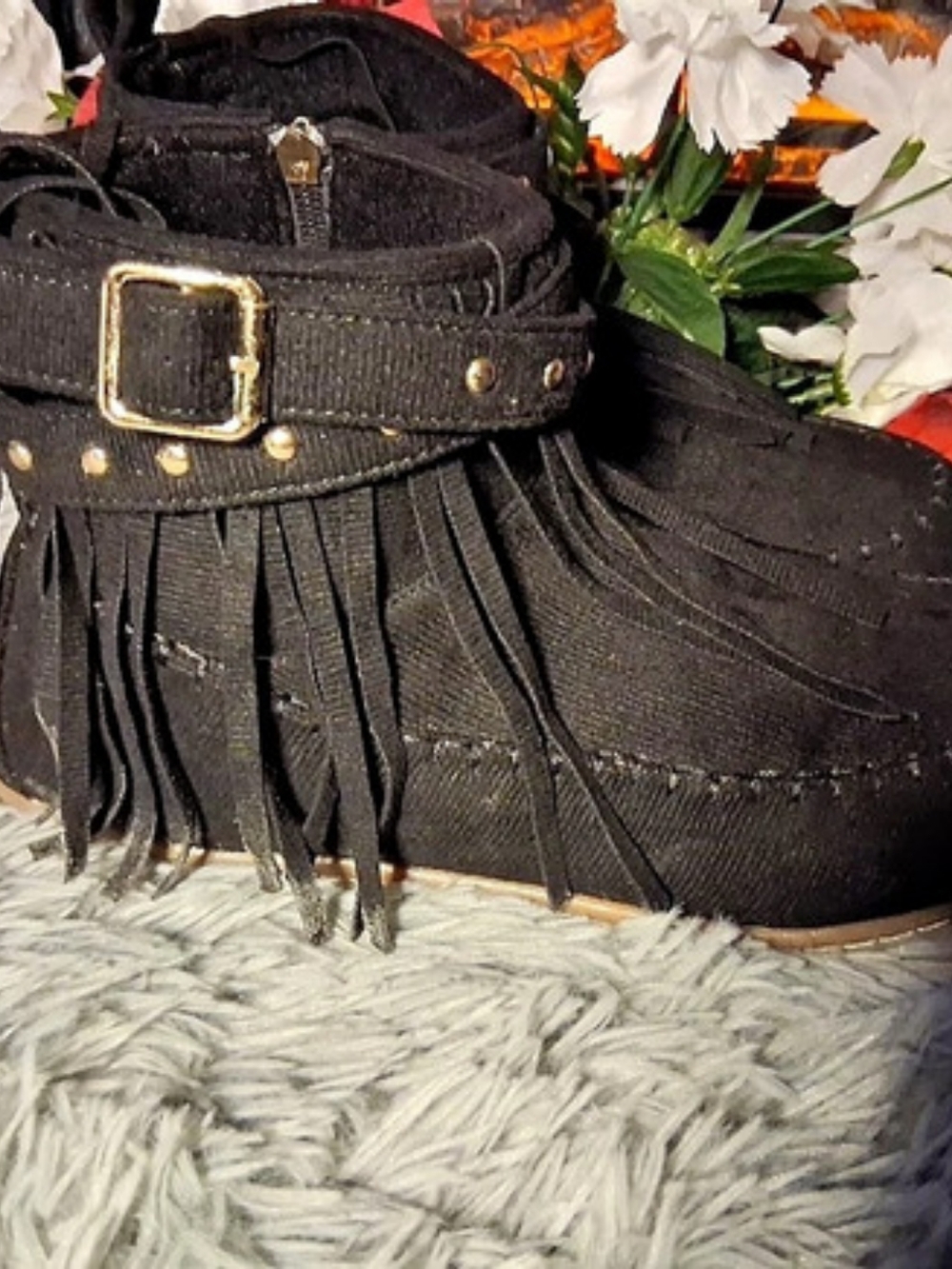 Black Fringe Ankle Boots - Picture 2 of 5